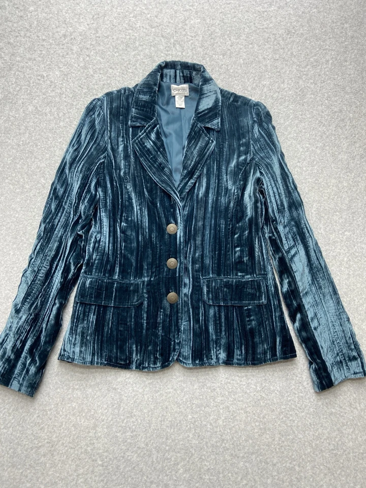 Blazer Chicos Mujer Talla 0 Azul Terciopelo Chocado Mezcla Seda Botón Frontal Gótico Foto 4 de 4