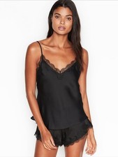 Victoria  s Secret Lace  Satin Cami Short Set Black 2 Pc Pajama Set Size L NWT