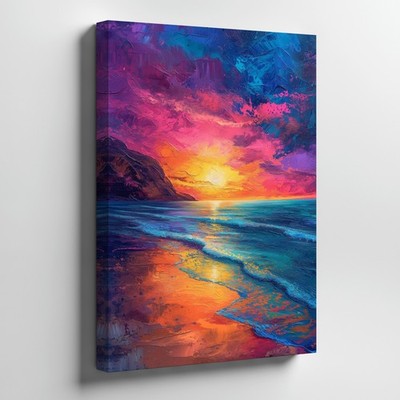 Vibrant Sunset Beach Canvas Wall Art Seascape Ocean Waves Colorful Coastal Print