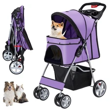 4 Wheels Pet Stroller for Small Medium Dogs Cats 10-33 lbs, Foldable Dog and ...