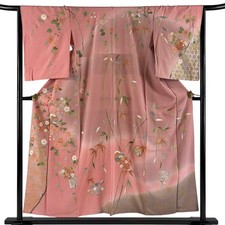 Japanese Silk Houmongi Kimono M 155.5cm Pink Flower circle crest Plum Gradation