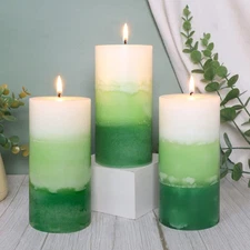 Pillar Candles 3x6 Inch Eucalyptus Scented Hand-Poured 3-Layers Green Gradien...