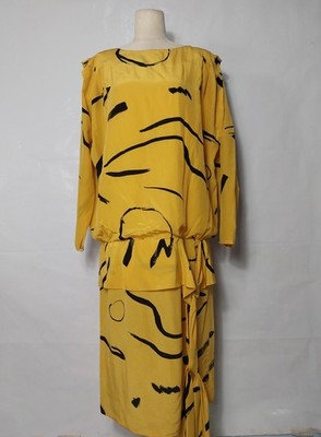 Reling Seidenkleid  Vintage silk dress. Gelb 100% Mulberry Seide Gr: L