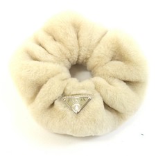 PRADA Shearling Scrunchie Hair Accessory Beige Sheepskin Logo Women's 1IF131