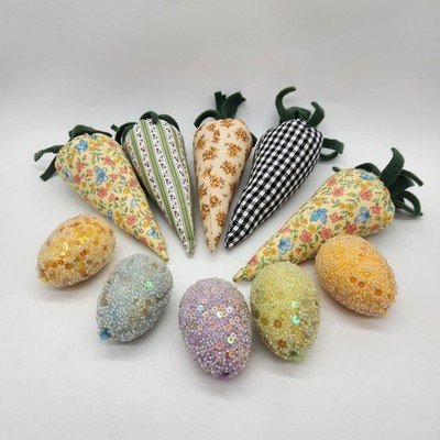 Vintage Easter Decor Lot Beaded Egg Ornaments & Fabric Carrots 10 Pcs