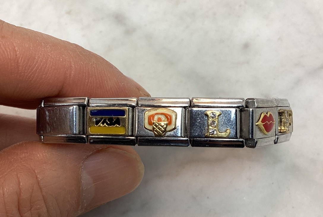 Vintage風　手染めステンシルデニム　オリジナル　チャーム付きバングル Italian Charm Bracelet Stainless Steel Zoppini Manuel Zed