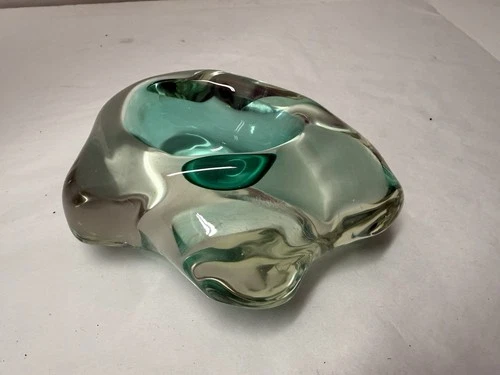 Mid Century Modern Murano Biomorphic Trinket Sea Green Clear Art Glass Bowl 🐝