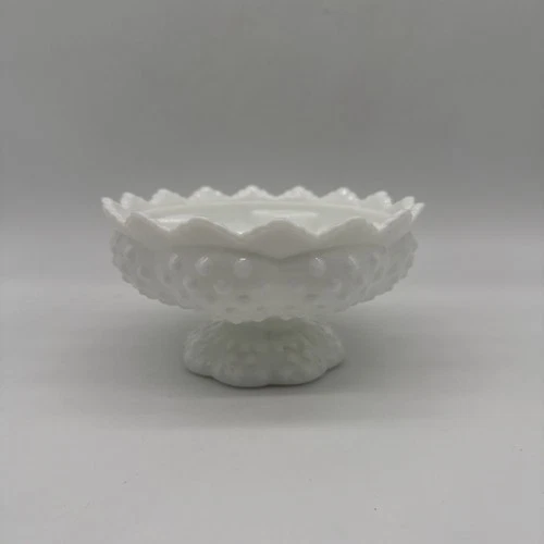 Vintage Fenton White Milk Art Glass Hobnail Footed 6-Candle Holder Candle Bowl