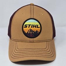 STIHL Trucker Hat Tan Maroon Snapback Cap Mountain Patch Logo Outdoor