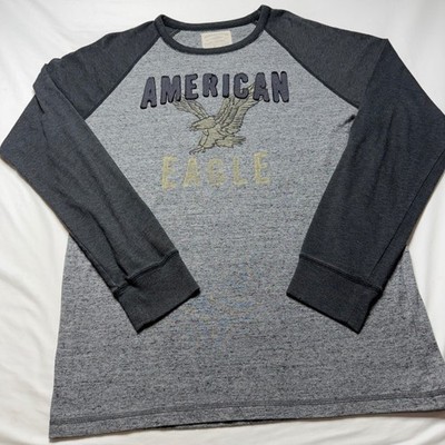 American Eagle Mens Gray Raglan Graphic Long Sleeve T-Shirt Classic Large Y2K