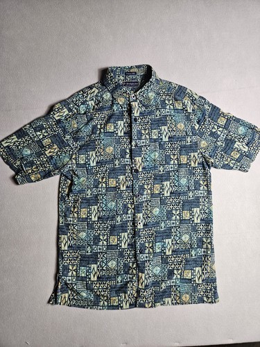 Weekender Silk Shirt Mens Large Blue Geometric Hawaiian Camp Button Up VTG