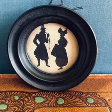 Antique 19th Century Miniature Silhouette Painting Georgian Lady and Gentlemen