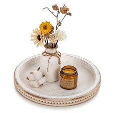 Round Wooden Decorative Tray: Bead Tray Decor for Coffee 11.8" White Washed
