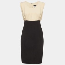 Chanel BeigeBlack Silk Crepe and Knit Midi Dress M