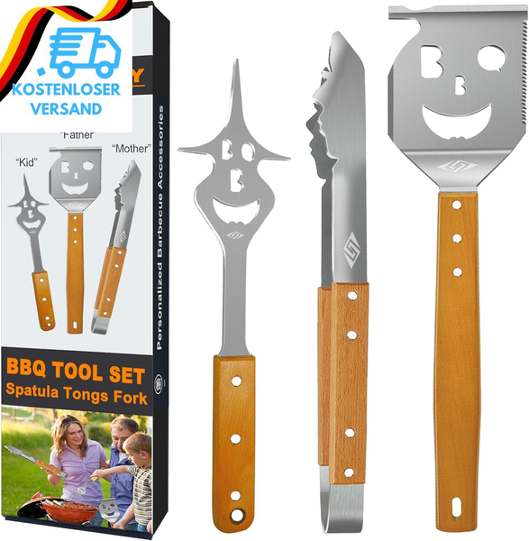 STEVEN-BULL S Grillbesteck-Set 3-TLG. Extra Langes Grillwerkzeug, Edelstahl Holz-image