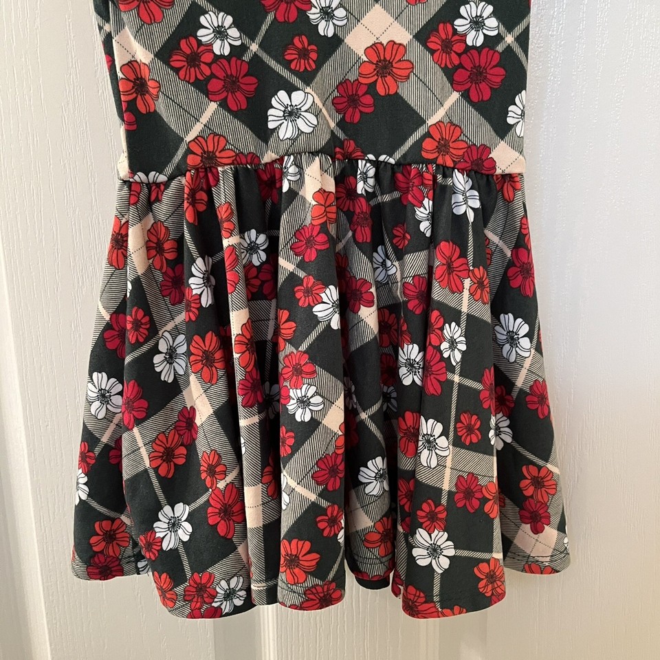 Dot Dot Smile Floral Plaid Cap Twirl Dress Red Green Christmas Holiday