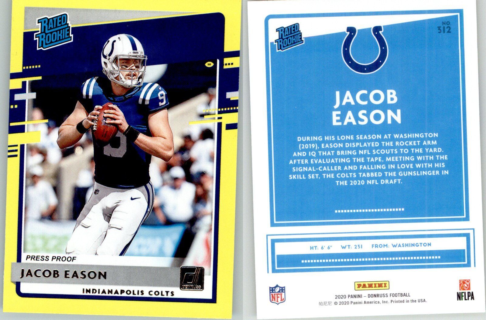 Jacob Eason 2020 Donruss Press Proof Yellow #312 Colts RC Rookie