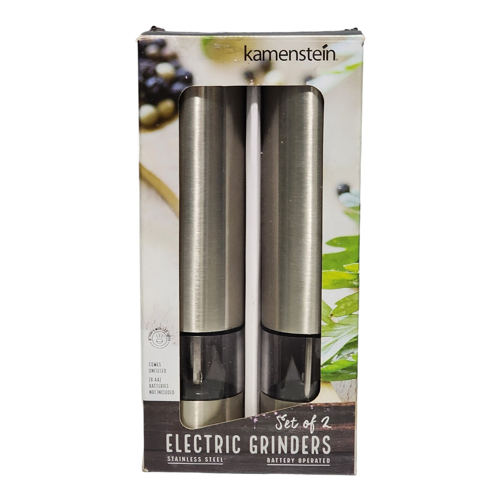 2pc Kamenstein Electric LED Lights 9” Salt and Pepper Mill Grinder Set