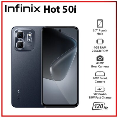 (New) Infinix Hot 50i 4GB+256GB BLACK Dual SIM Unlocked Android Mobile Phone