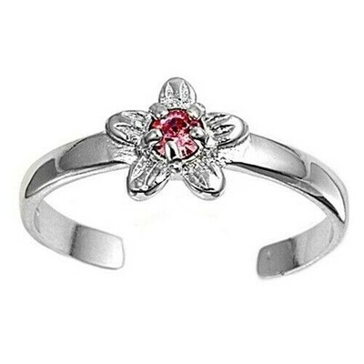 Flower Toe Ring Genuine Sterling Silver 925 Pink CZ Adjustable Face Height 7 mm