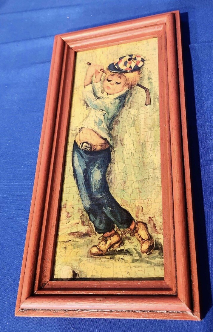 Vtg 60s Kitsch Framed MCM Art Print Cartoon-y Big Eyes Boy Golf