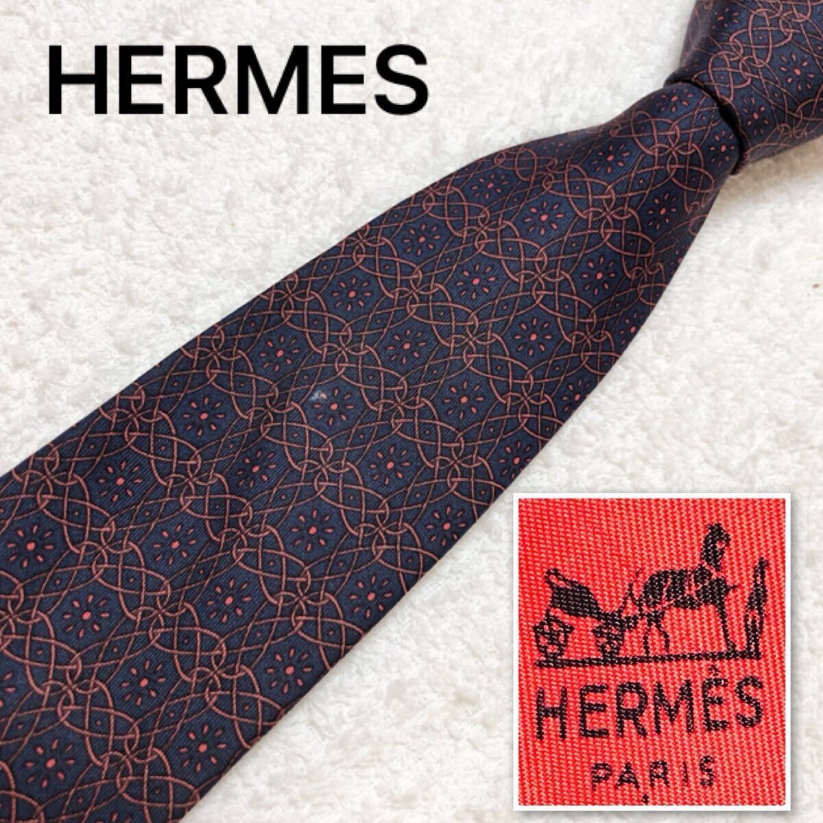 HERMES Tie Metal Accessories Border All over  100 Silk Made in France Navy x Red