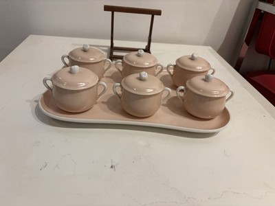 13pc Pallas Limoges Pots de Creme Service for Six with Tray - Pale Pink & White