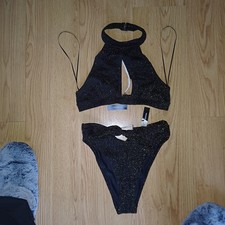 BNWT Ann Summers Bikini Size 8 Set Top Bottoms Black Gold Halter high leg sexy S