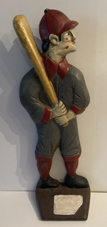 Antique O.C.F. 1912 Painted Cast Iron Baseball Player Cap Bat Uniform Doorstop!
