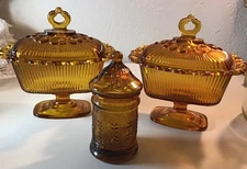 Vintage Pair Lace Edge Amber Indiana Glass Pedestal Covered Candy Dish & Jar
