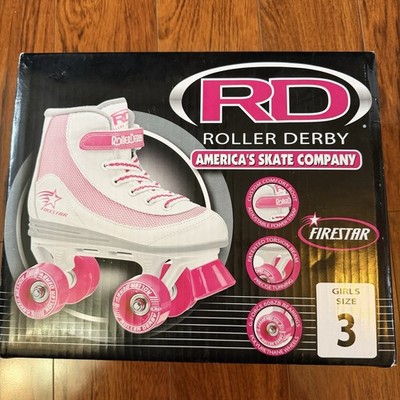 Roller Derby Firestar Youth Girls White Pink Roller Skates Size 3 Quad #1978