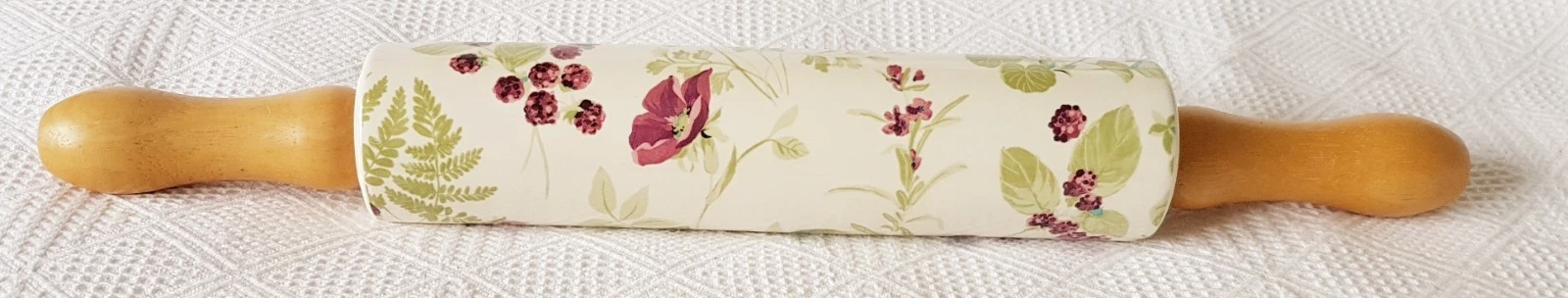 Laura Ashley ~ Ceramic Rolling Pin ~ Floral Purple Violets ~ Wood Handles