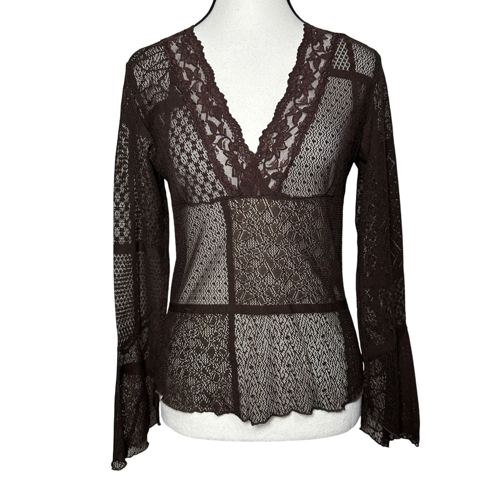 Y2K FairyGrunge FOREVER21 Women Brown Lace Sheer Bell Sleeve Patchwork Top Large - Image 2 of 4