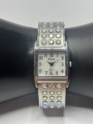 Xanadu Quartz Crystal Watch Cuff Clamper Fashion Jewelry Silver Tone Rhinestone