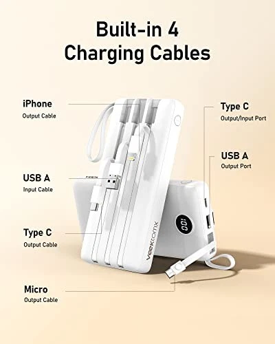 20000mAh White Power Bank with Built-in Cables - Portable Fast Charger 20000mAh White Power Bank with Built-in Cables - Portable Fast Charger