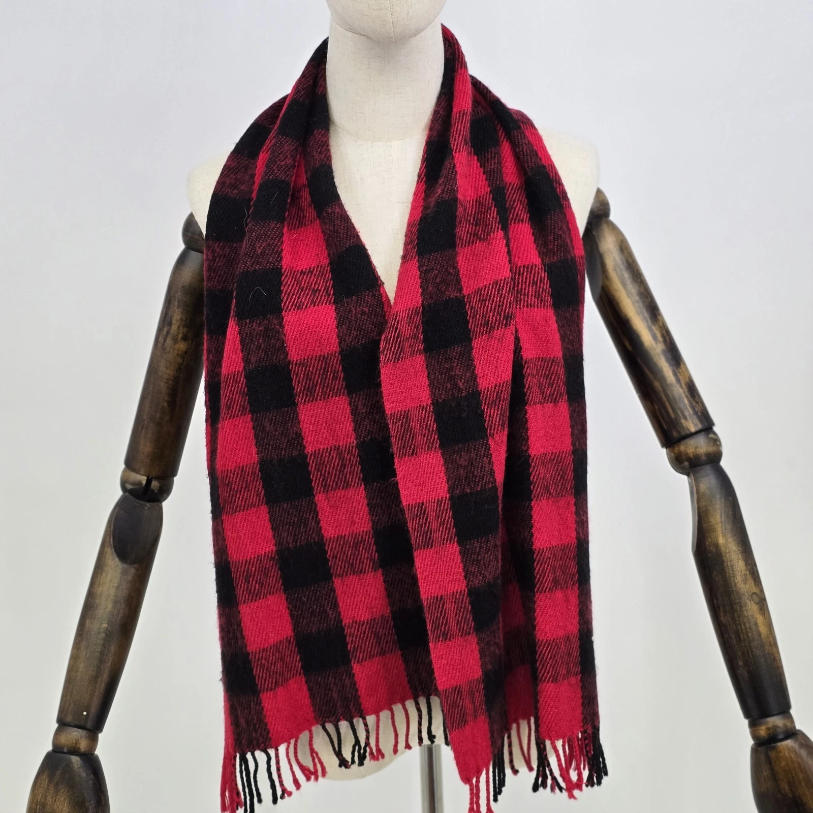 J.Crew Red Black Plaid Rectangle Scarf Neck Warmer Shawl Fringe Wool Blend
