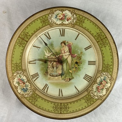 Antique LITHOGRAPH TIN PLATE WALL CLOCK with MUSE, DOVES & WATER FOUNTAIN