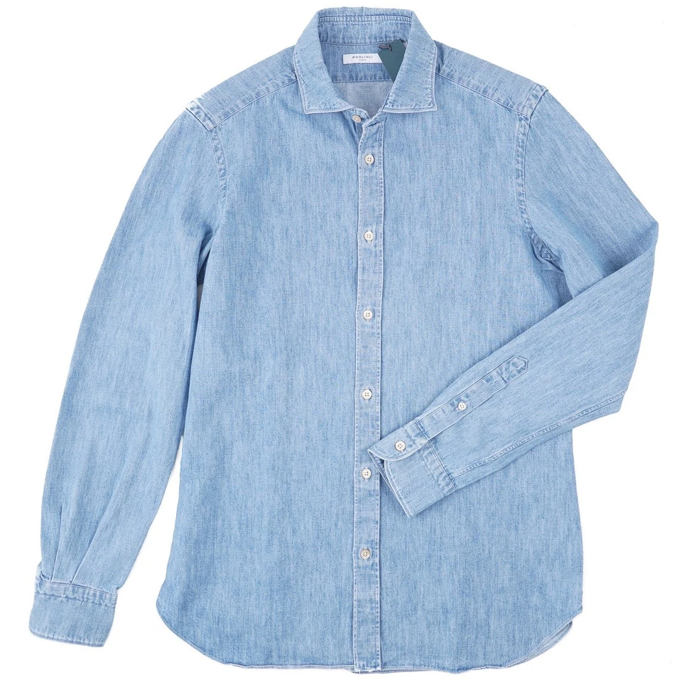 Camisa Boglioli Extra Delgada Azul Cielo Cambray Denim Algodón 15.5 (Eu 39) S Nueva con Etiquetas Foto 2 de 4