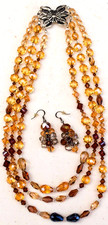 Multistrand Multicolored Gold  Brown Crystal Bead Necklace  Earring Set. NWOT