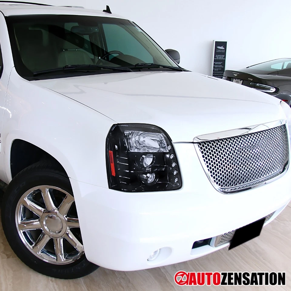 Fit 2007-2014 GMC Yukon XL 1500 2500 Black Smoke Projector Headlights Lamp w/LED - Image 2 of 4
