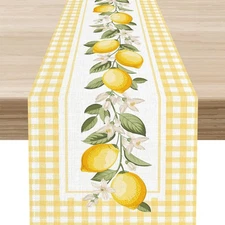 Yellow Lemon Table Runner, Watercolor Summer Fruit Check Spring Flower Floral...