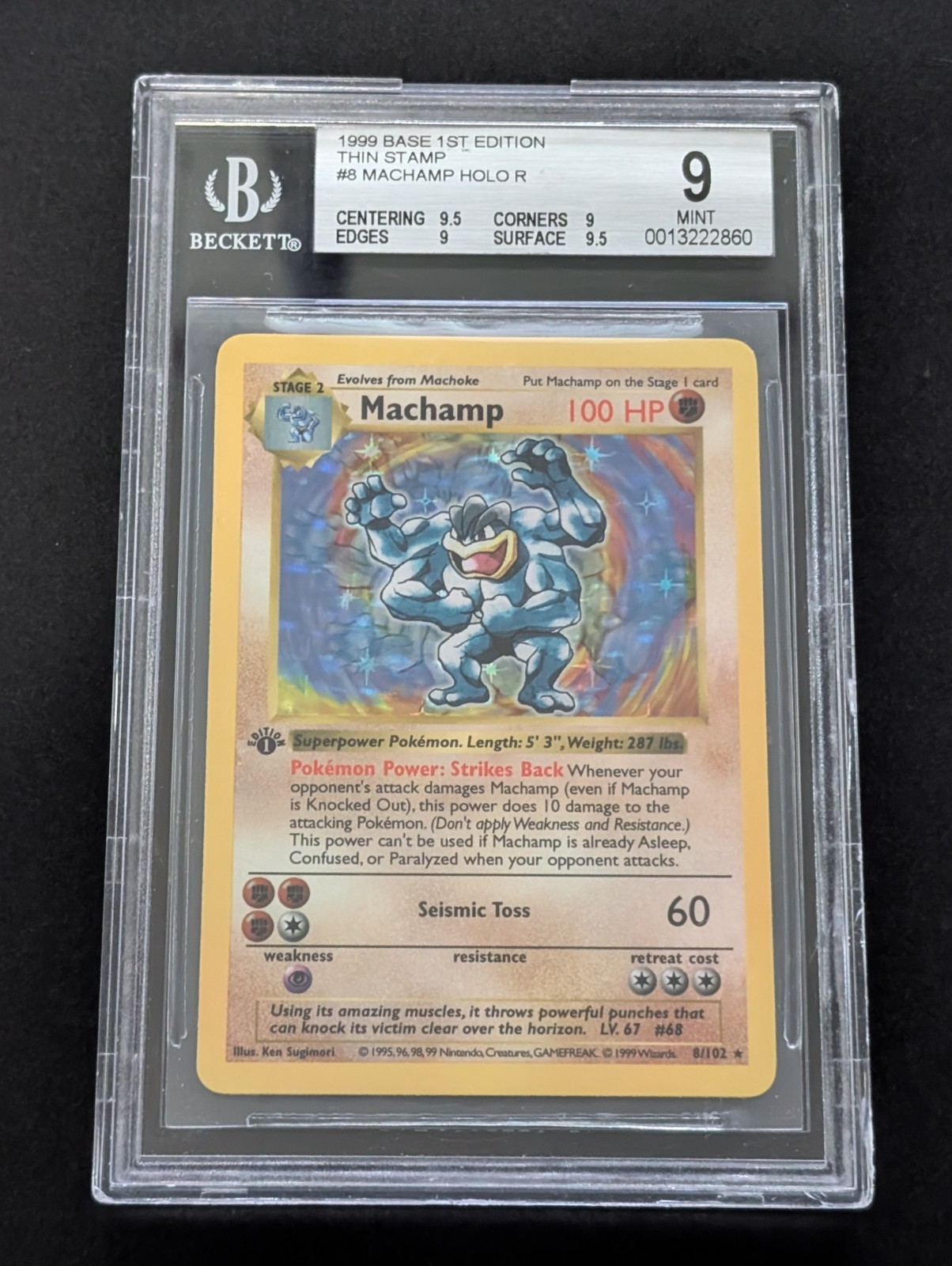BGS 9 MINT Machamp 8/102 1st Edition Shadowless Base Set Holo 1999 Pokemon Card