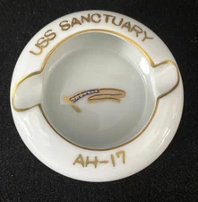 USS Sanctuary AH-17 Vintage Rare Ceramic Ashtray Made In Japan Gold Trim 3"