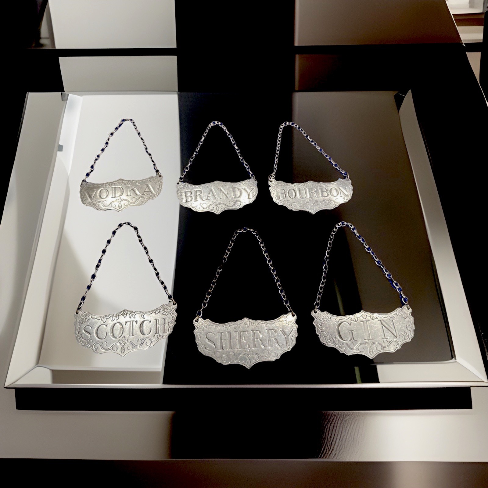 Vintage Complete Set Of 6 Stieff  Pewter Decanter Liquor Labels Tags Circa 1960s