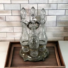 Antique Victorian Silver Plated Cruet Condiment Set Caddy Etched Glass Server