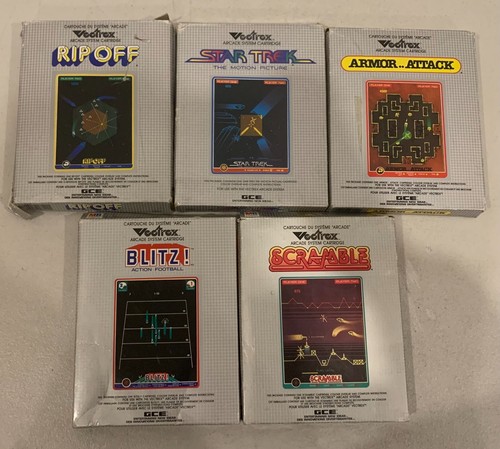 1982 GCE VECTREX 5 VIDEO GAME LOT W BOX STAR TREK BLITZ! ARMOR ATTACK SCRAMBLE A