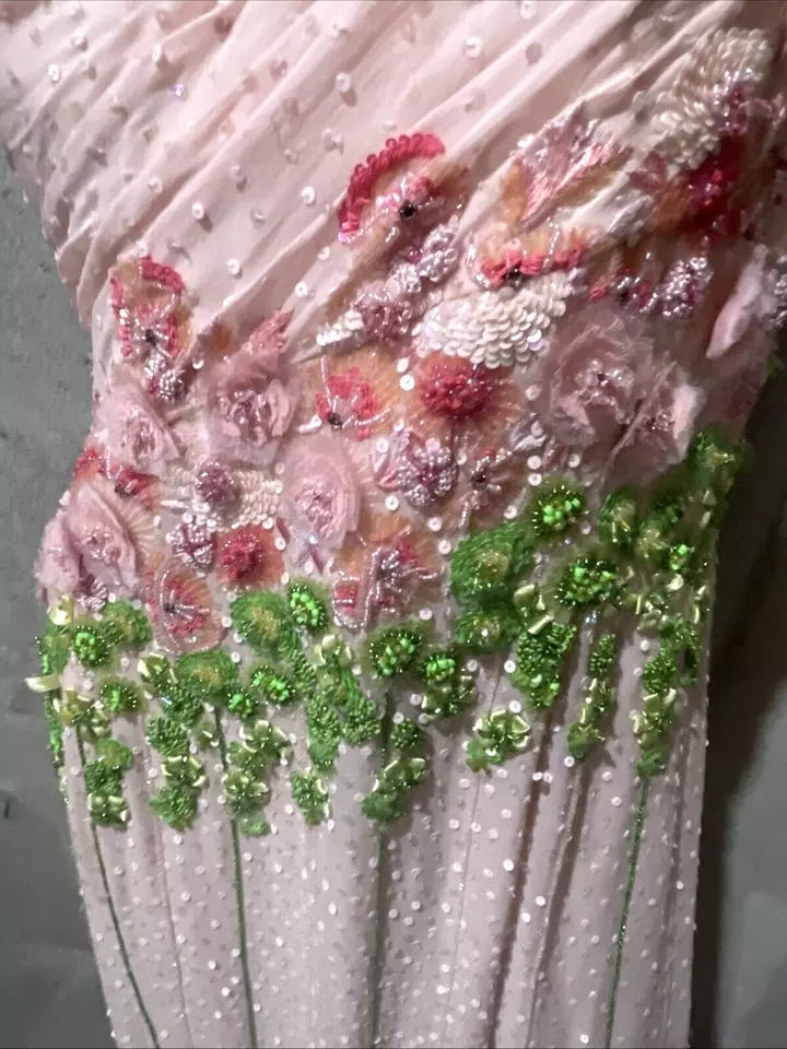 Escada Sequin Bead Embroidered Pink Floral Long Maxi Gown Dress US 8 10 / DE 40 - image 2 of 4