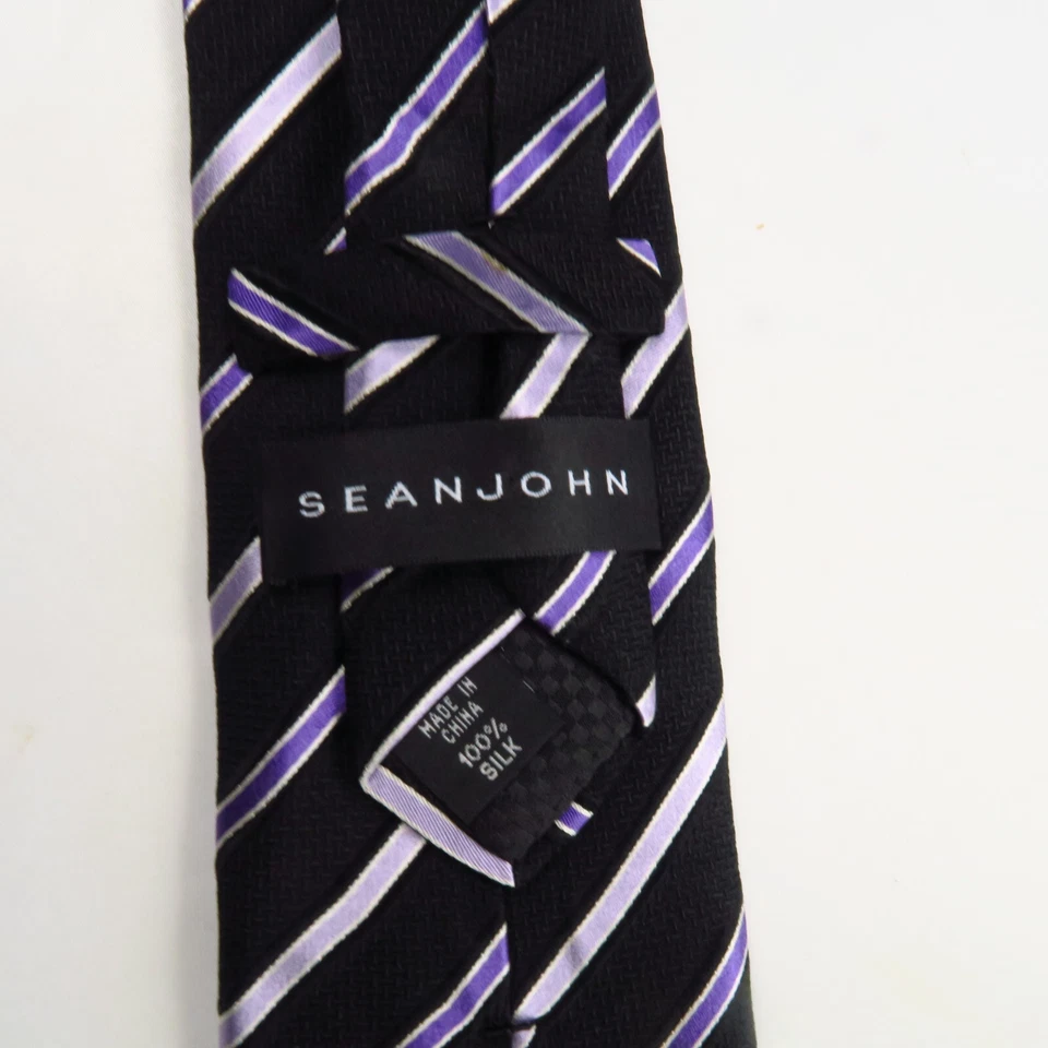 Vintage Sean John Black Purple Modern Stripe Mens Neck Tie 58x3 Narrow Colorful - Image 3 of 4