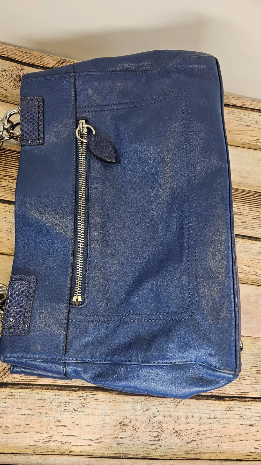 COACH Penelope Blue Leather Snakeskin Accent Satchel Tote Bag F16531 Turn Lock