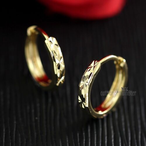 9K YELLOW GOLD FILLED SHIMMER SPARKLE BAND WOMENS GIRLS SMALL HOOP EARRINGS GIFT - Picture 1 of 5
